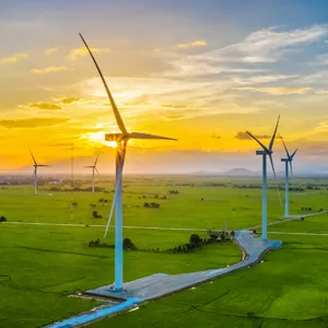 Wind turbines turning in a green field at sunset